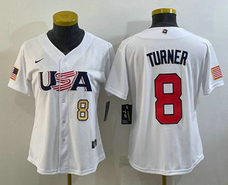 Women%27s USA Baseball #8 Trea Turner Number 2023 White World Classic Stitched Jersey